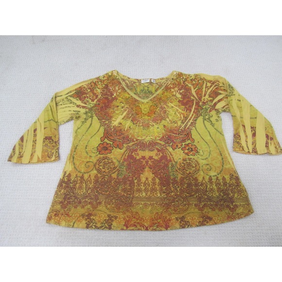 Cato Tops - Cato Woman Shirt Womens Plus 18/20W Yellow Boho V Neck 3/4 Sleeve Embellished‎